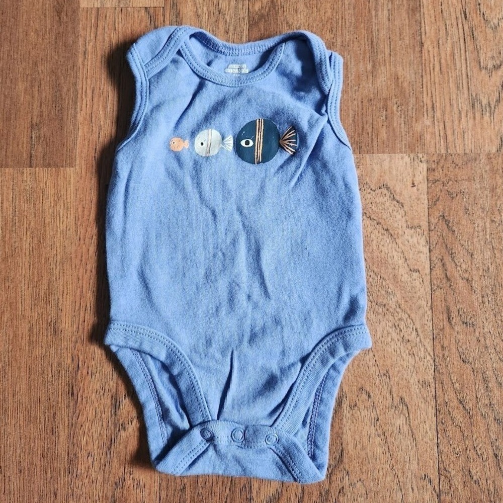 Amazon Essentials Baby Boy Blue Fish Graphic Sleeveless Bodysuit 3M Cotton 421